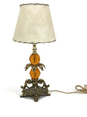 Vintage 60s 70s Lamp Hollywood Regency Gold Orange Brass Glass Boudoir Light